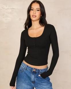 Basic Fine Rib Henley Long Sleeve Top