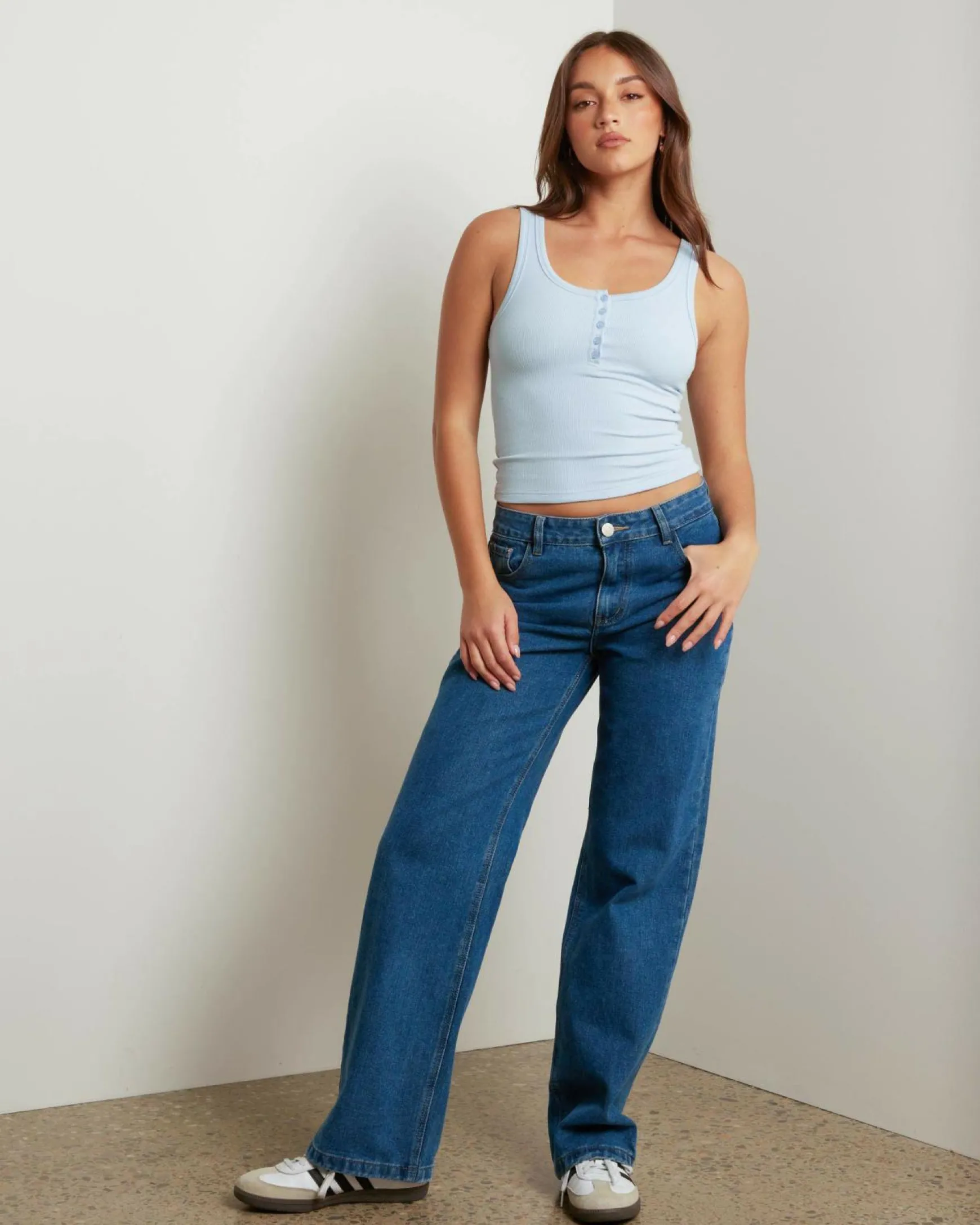 Basic Fine Rib Henley Tank Top