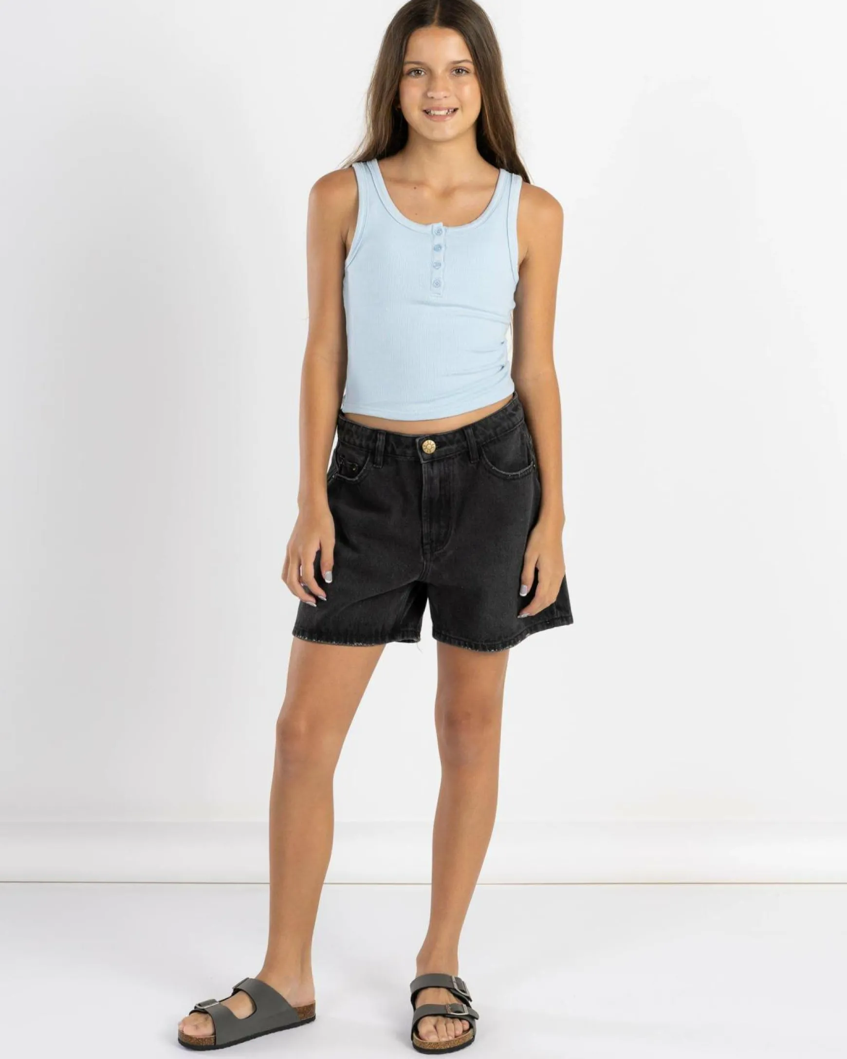 Girls' Basic Fine Rib Henley Tank Top